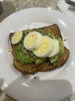 Toast with avocado topped with sliced eggs sprinkled with sesame  Perfecto