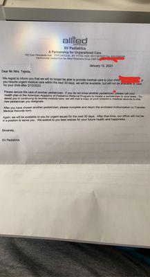 I complain about waiting 2 hours past our appointment time and they send me this letter 2 weeks later. I've been going there for 9.5 years