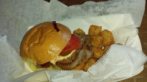 The Dirty Bird. Bacon wrapped turkey and sausage burger. With tater tots.