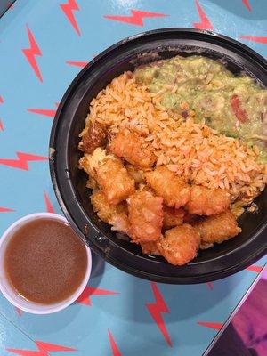 Cantina Bowl with nitro shrimp, tater tots, guacamole, and mexican gravy