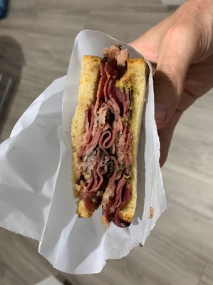 Pastrami on rye bread sandwich