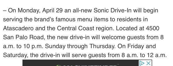 April 29 2024 new Sonic opens -- hours in photo.