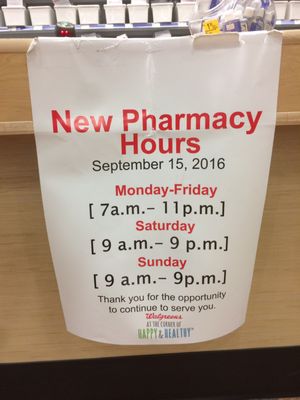 New Pharmacy hours as of 9/15/16!