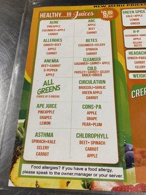 Juice menu