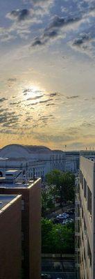 Rooftop terrace view of sunrise over Union Station