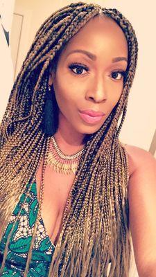 Medium box braids; lower back length; colors #4 and #27 -- more #27 than #4