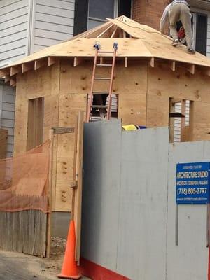 Detail photo of house under construction.