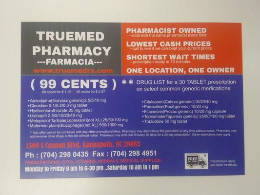 our 99 cents specials for select common generic drugs