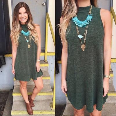 We are obsessed with our high neck, sweater-like material tunic dresses! This look is perfect for the fall!