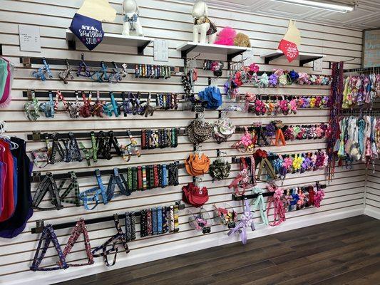 Handmade collars and harnesses. If you have a hard to fit pet, come in for a custom fitting.