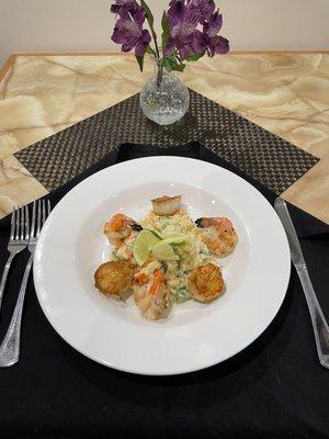 Scallops and Shrimp over Vegetable Risotto