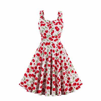 Women Dress Summer Sleeveless Casual Retro Vintage 1950s 60s Cherry Big Swing Mini Floral Dresses