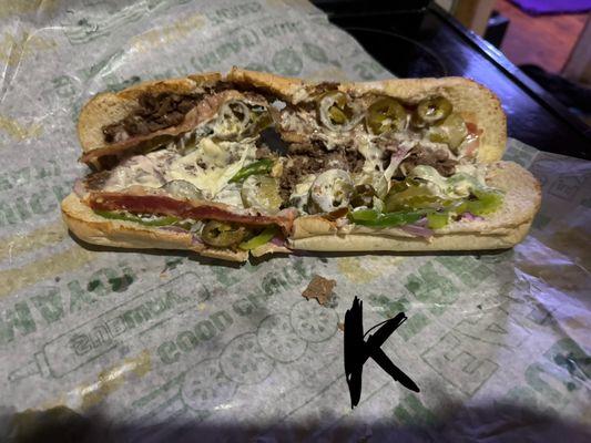 Monster sub advertised and forgot the jalapeño. All veggies no meat.