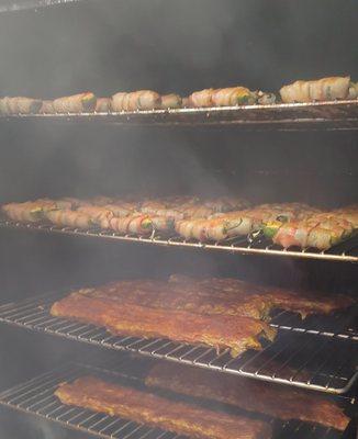 In House Smoked Specialties: Ribs, Pulled Pork, Bacon Wrapped Jalapenos, and 5 Cheese Bacon Mac & Cheese