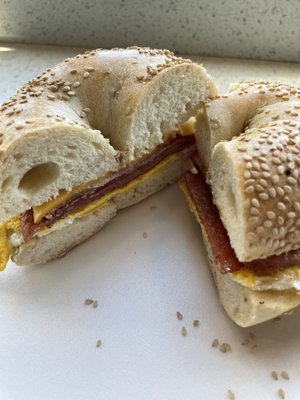 Taylor hame egg and cheese on sesame bagel