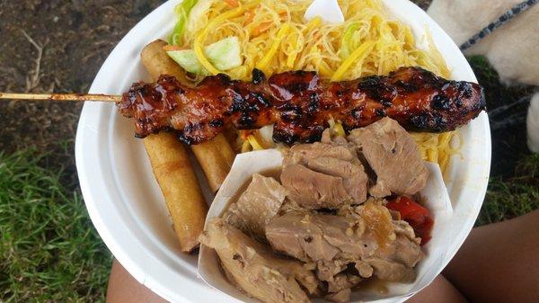 Chicken Adobo, Lumpia, and Chicken Skewer with Pancit