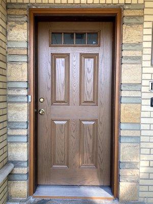 Fiberglass Door install, Natural Oak stain finish and Schlage Hardware