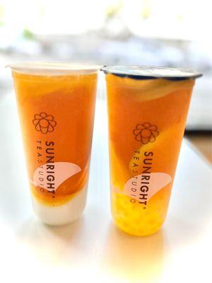 Fruit Tea left with mochi and right with honey boba