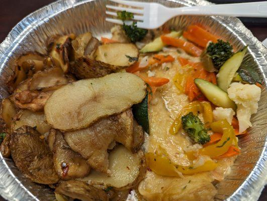 those potato & onions on the left are a side dish ; with a bit of red pepper flakes; and AWESOME