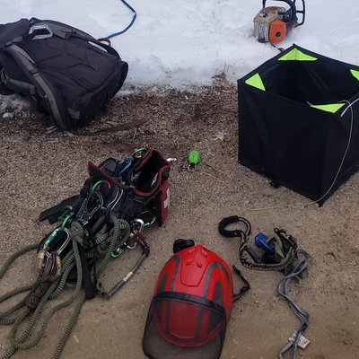 Some of the climbing gear we use on a regular basis. Helmets are a requirement on all of our job sites.