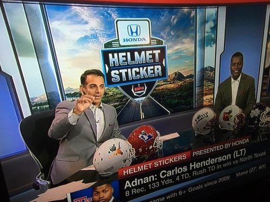 11/6/16. Sunday afternoon. Carlos Henderson getting helmet sticker love from ESPN for his stellar performance versus North Texas Mean Green!