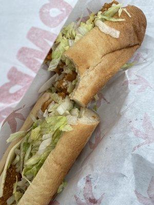 Hoagie with chicken tenders, lettuce, american cheese, and honey mustard