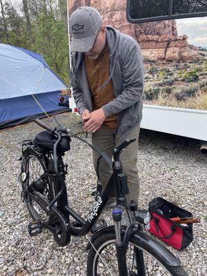 Fixing the bikes with the supplies from Cole's