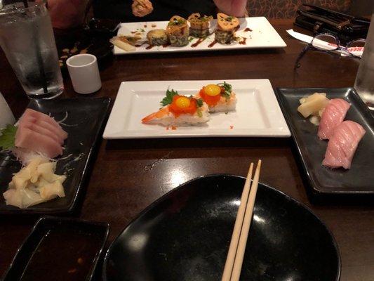 Yellowtail, shrimp boat, Toro and Saki and Beer