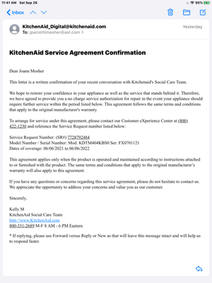 Letter from kitchen aid after my corporate complaint about gershey appliance repair