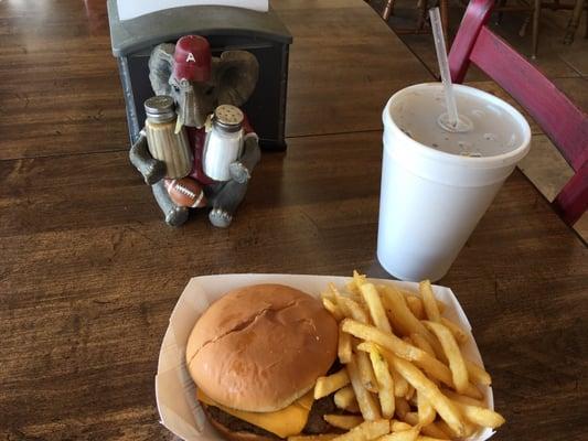 Cheeseburger and fries with a Dr. Pepper.  Juicy and delicious.  Almost like homemade.