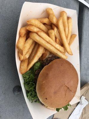 Hamburger with fries. Hot fries love it.