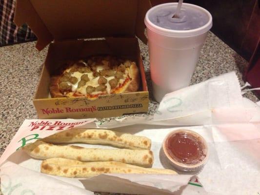 1 top value meal $9.99. Personal pan pizza (sausage), 3 piece breadsticks, marinara sauce and medium fountain drink.