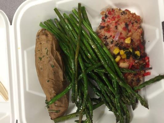 Chicken crusted tortilla with asparagus and sweet potato