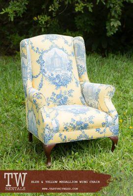 BLUE & YELLOW MEDALLION WING CHAIR