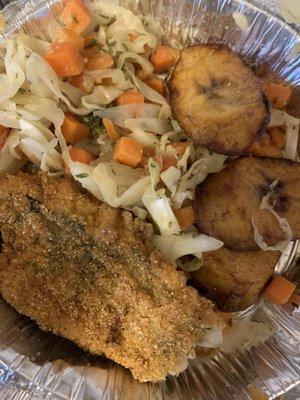 Cold fried salt fish, cabbage & carrots, and plantains.