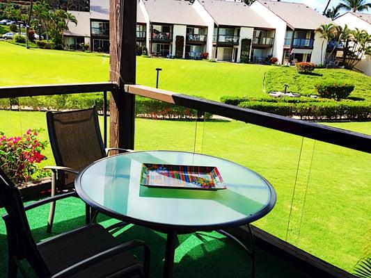 Lanai has views of ocean and Haleakala - perfect for morning coffee or an evening Mai Tai!