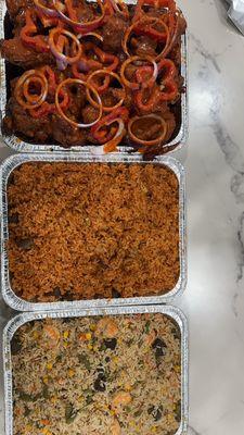 Fried rice, Jollof rice, and proteins