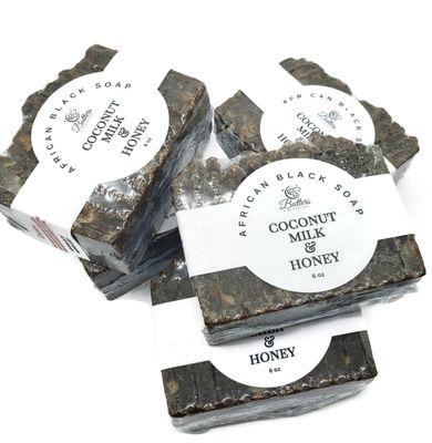 African black soap with coconut milk powder and raw honey.