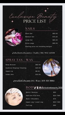 Price list and contact information