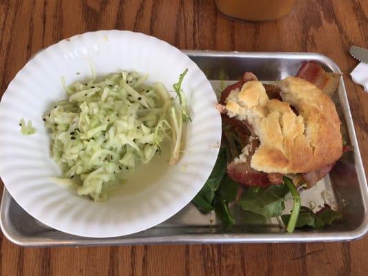 I had the fried green tomato BLT on biscuit that came with cucumber coleslaw...can I PLEASE have this simply delightful recipe?! ...