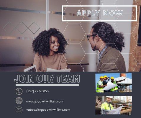 Goodwin William in Hampton Roads would love to have you join our team.  We have two branch offices: Virginia Beach & Newport News.