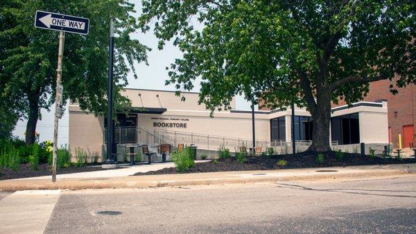 Full view of bookstore front and patio.