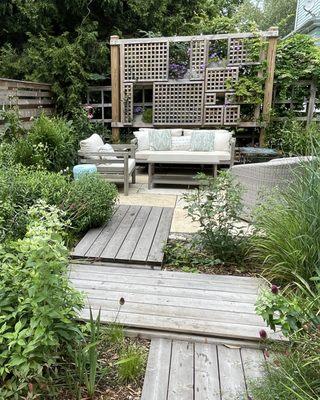 Cedar trellis, beach and meadow garden