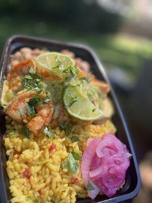 Chili Grilled Shrimp | Spanish Rice | Charro Beans | Pickled Onions | House Salsa Verde & Queso