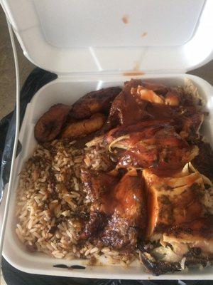 Large jerk chicken with rice & peas and plantains