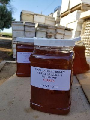 Vic's honey. Citrus is our flavor if choice but he also has wildflower. $25 for a half gallon. Delicious, all natural.