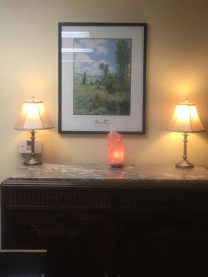 Our reception area... we have added Malaysia Salt Lamps to calm our spirits on busy days!