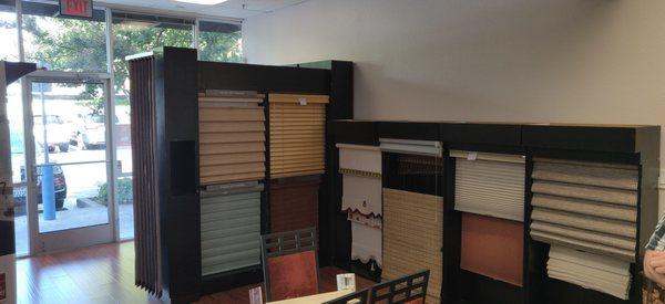 Showroom including Bottom Up-Top Down roller shades, Duettes, wood blinds, roller shades, and more!