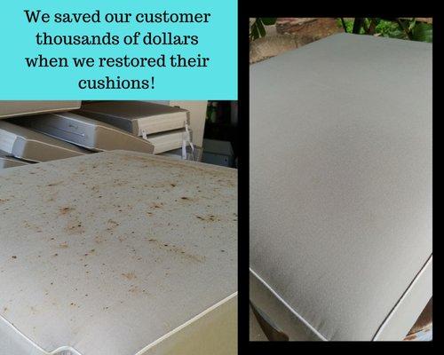 We restored over 40 cushions from a local estate after they'd become covered in tree pollen, sap, tannin and water stains!