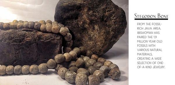 Stegodon bone, fossilized, turned into beads, come from Java, Indonesia.  Approx 1.9 million years old.